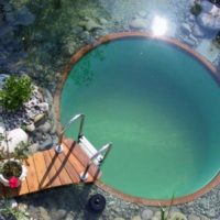 Round pool with wooden bridge