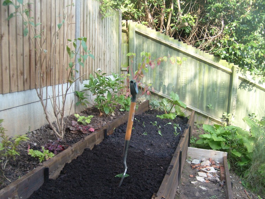 Homemade beds from boards on a steep slope of a summer cottage