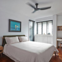 Blinds on the windows of the bedroom in a minimalist style.