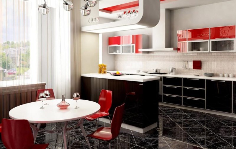 Interior dapur ruang tamu dengan warna merah hitam