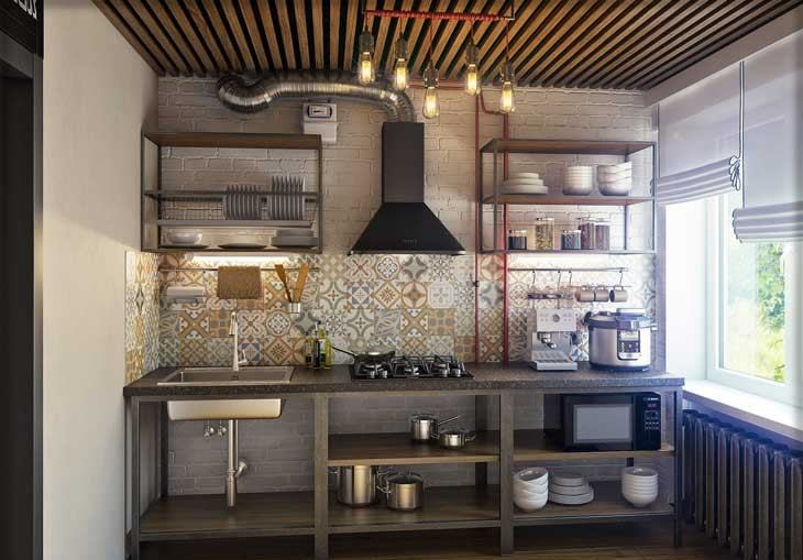 L'interno della cucina di un monolocale in stile loft