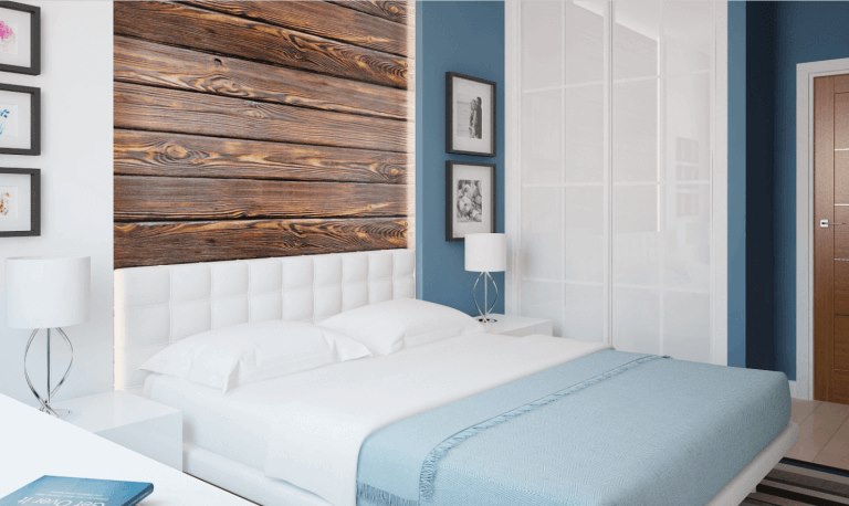 Decorazione murale dietro il letto con pannelli in laminato