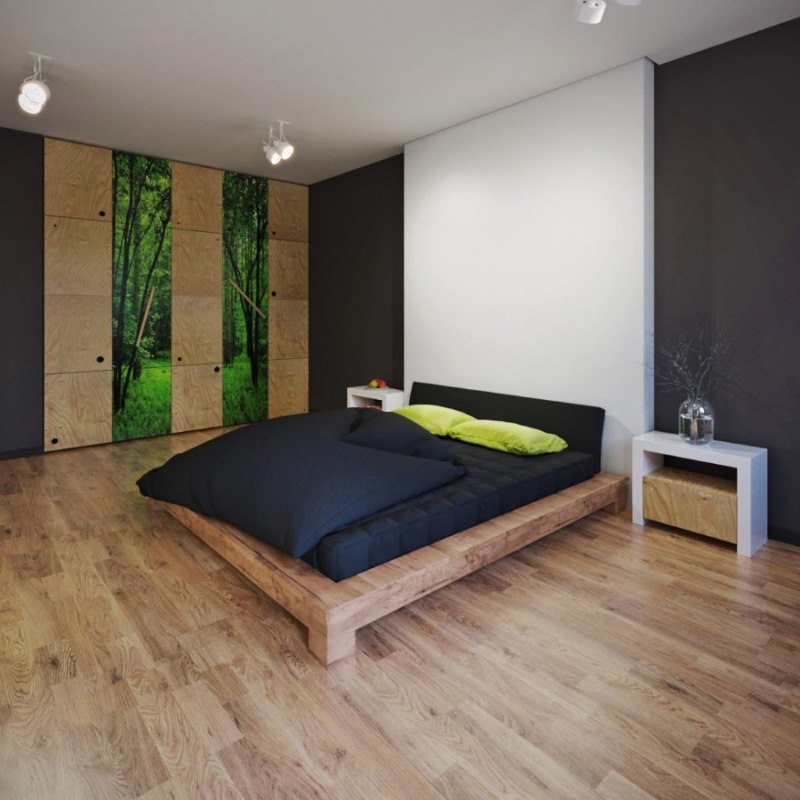 Moderna spavaća soba u eko stilu s laminatom