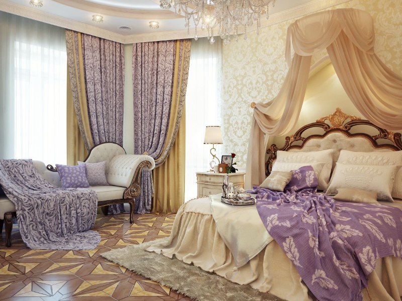 Interno camera da letto marrone classico con accenti di lavanda