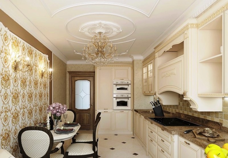 Interno cucina in stile classico con elementi in stucco.