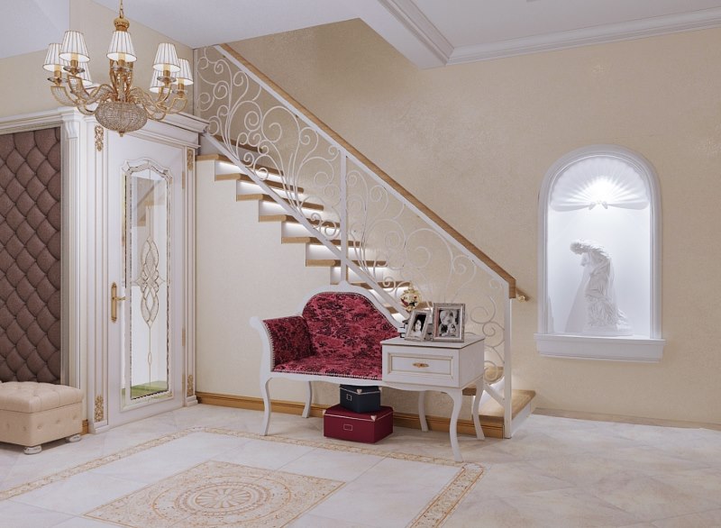 Stylish staircase in the hallway of a country house