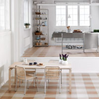 Multi-colored linoleum on the kitchen floor