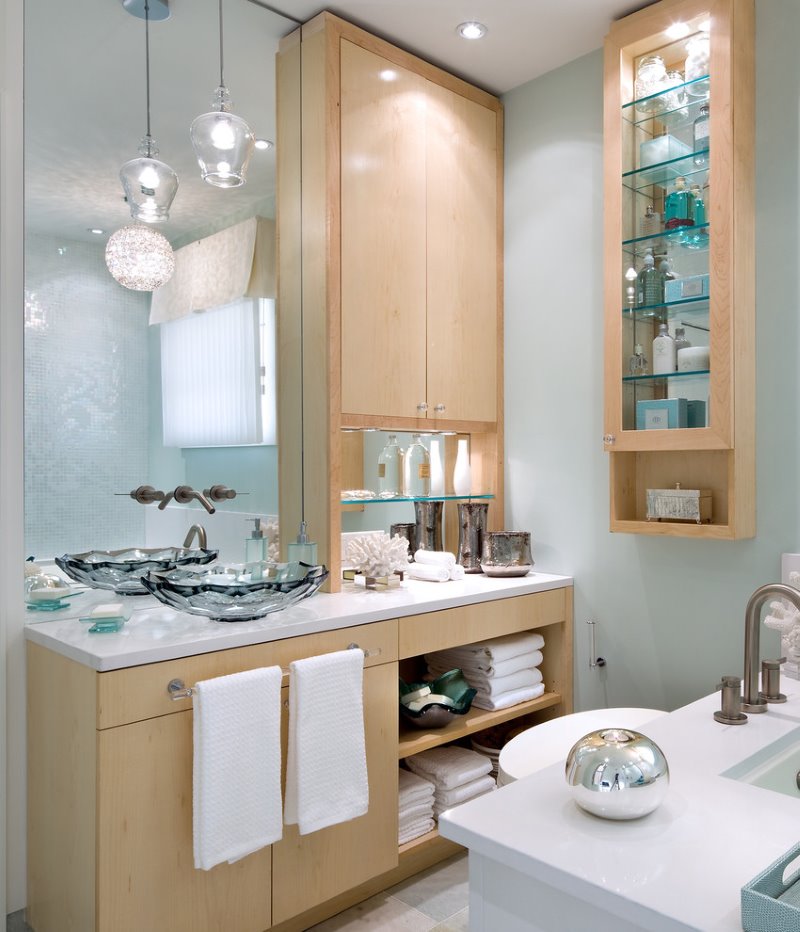 Tall enclosed racks in the bathroom interior