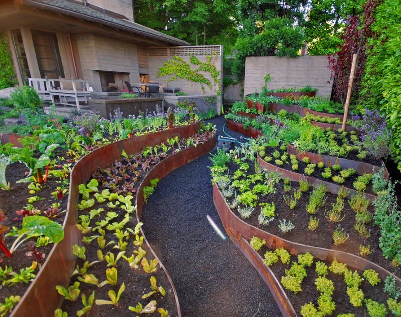 Conception d'un patio avec des parterres de fleurs sur plusieurs niveaux