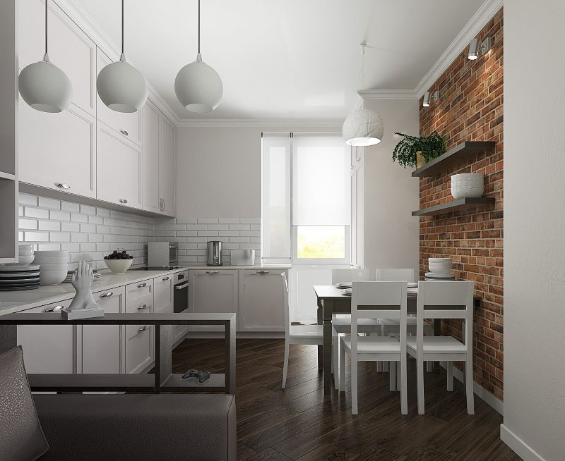 Cucina moderna con elementi loft muro di mattoni