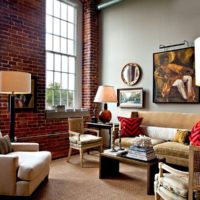 Decoration of the living room wall under a red-brown brick