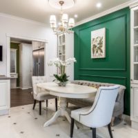 Living room design in green and white.