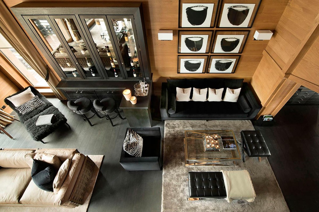 Top view of a male living room in dark colors