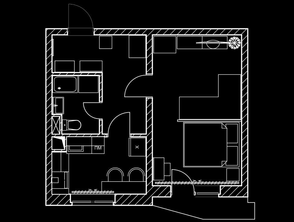 Reka bentuk tipikal apartmen studio dengan partition kaca