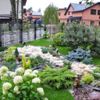 Forged fence around a flowering garden