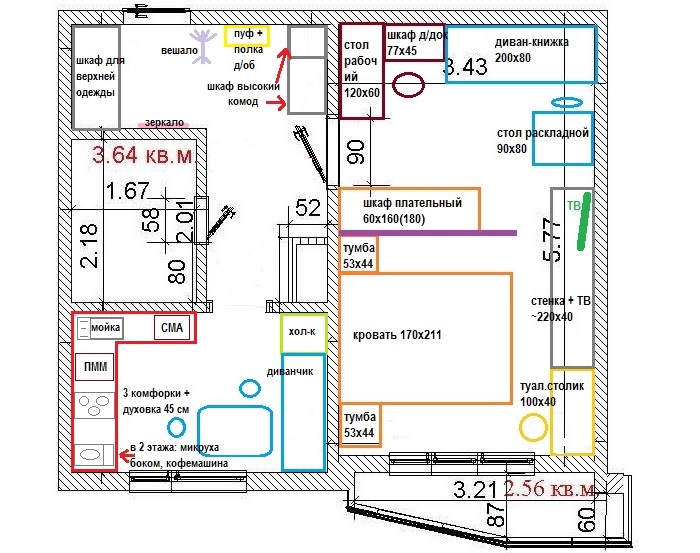 Bútorok elrendezése egy panelház egyszobás apartmanjában