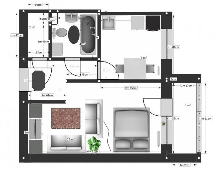 Egy 37 nm-es egyszobás apartman elrendezése, a szoba zónákra osztva