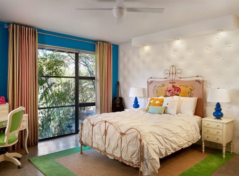 Design a bedroom in a mixed style with bright decorating elements