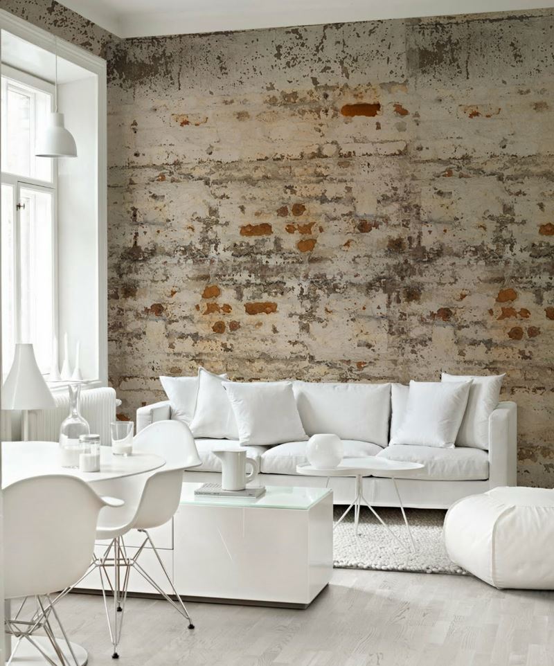 Imitation of a ragged brick wall using paper wallpaper