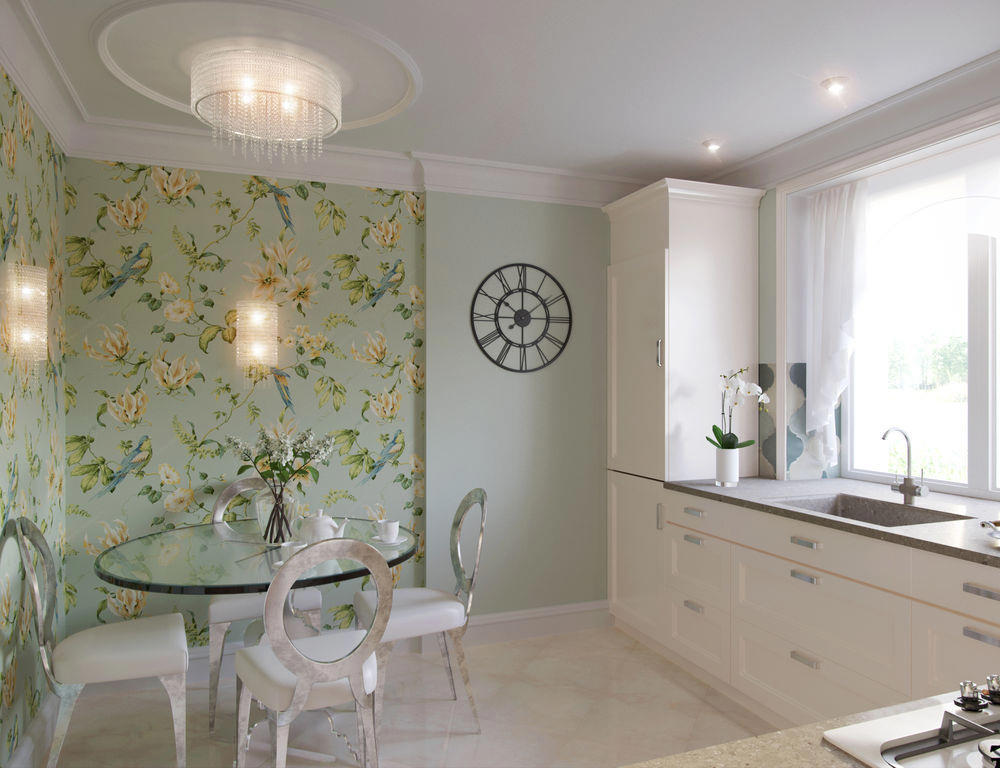 Flat chandelier with pendants above the dining table