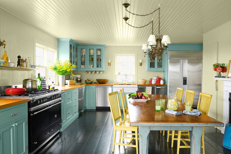 Large dining table in the american style kitchen