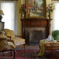 Wooden fireplace mantel in the living room