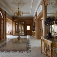 Wood and tile in the hall interior of a private house