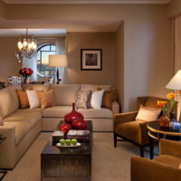 Brown living room interior in a multi-storey building