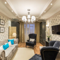 Plasterboard beams with lighting on the living room ceiling