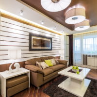 Brown stretch ceiling in the living room interior