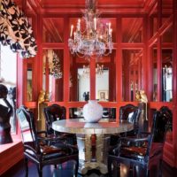 Crystal chandelier in the red living room