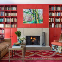 Carpet with a red pattern on the living room floor