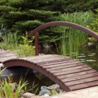 Un ponte di assi attraverso un ruscello da giardino