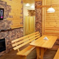 Brick and wood in the design of the dressing room