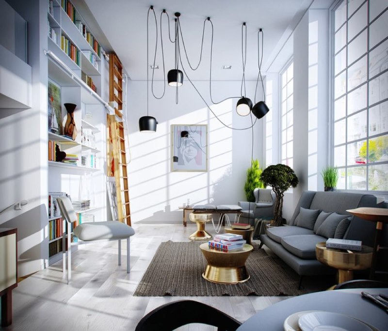 Living room with high ceilings and panoramic windows.