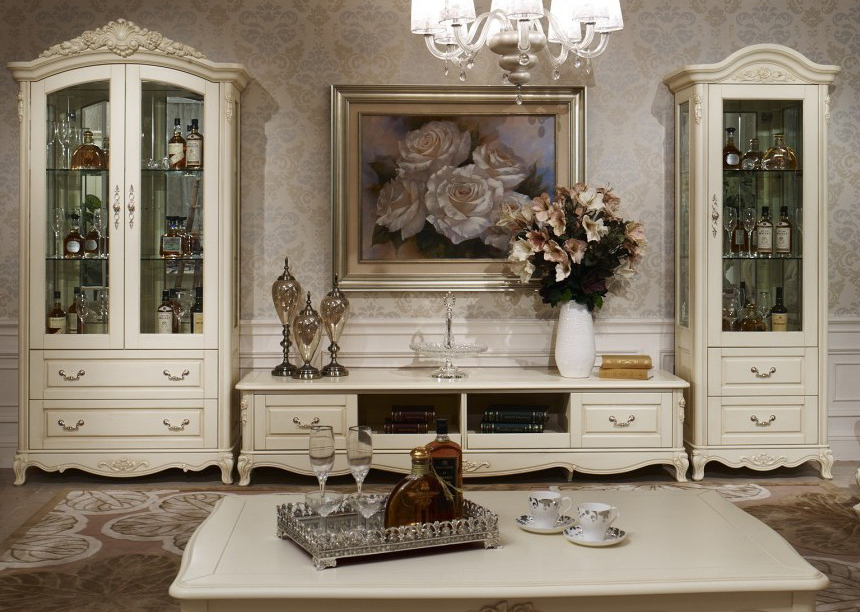 Cabinets with utensils in a classic-style living room