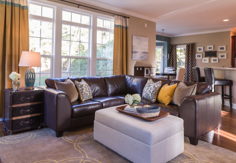 Living room interior with brown sofa