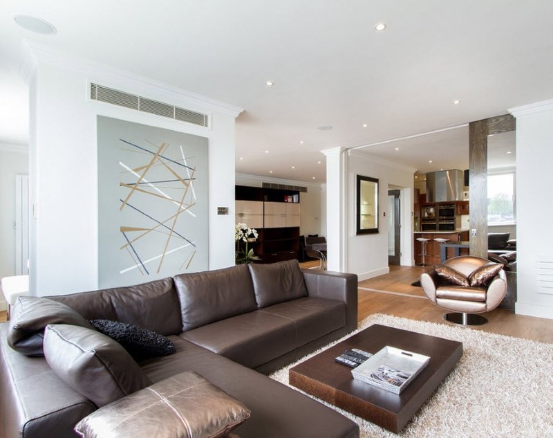 Interior of a bright minimalist living room with a brown sofa