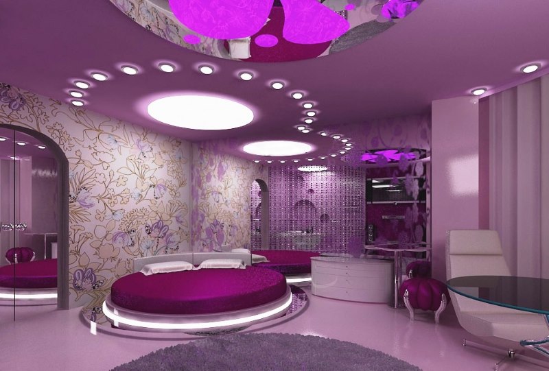 Cosmic style bedroom interior in purple hues