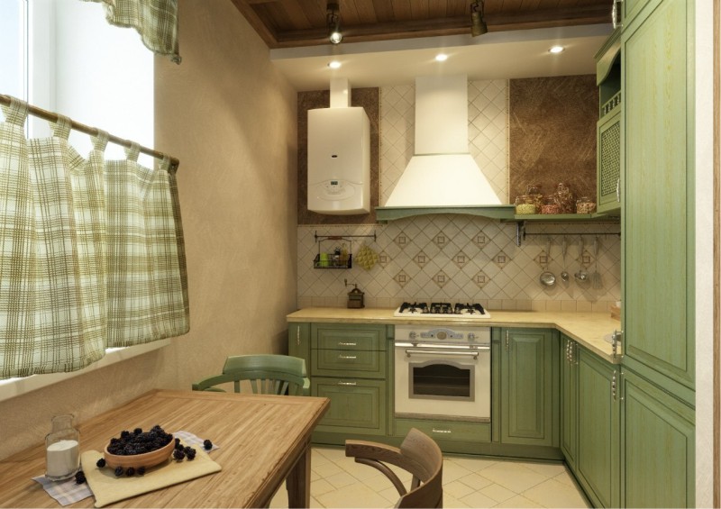 Interior of a modern country-style kitchen with a gas boiler