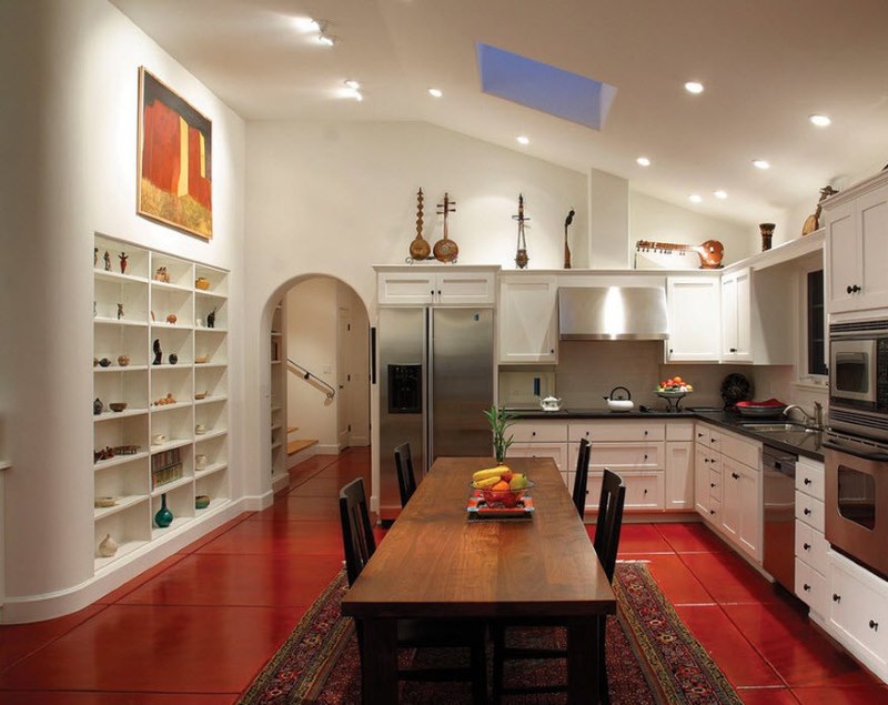 Kitchen interior of a private house with red floor