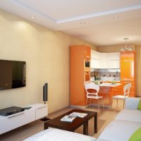 Orange color in the interior of the kitchen space