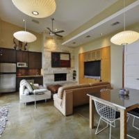 Kitchen living room with panoramic windows in a private