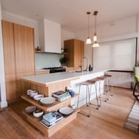 Wooden floor in the kitchen-living room