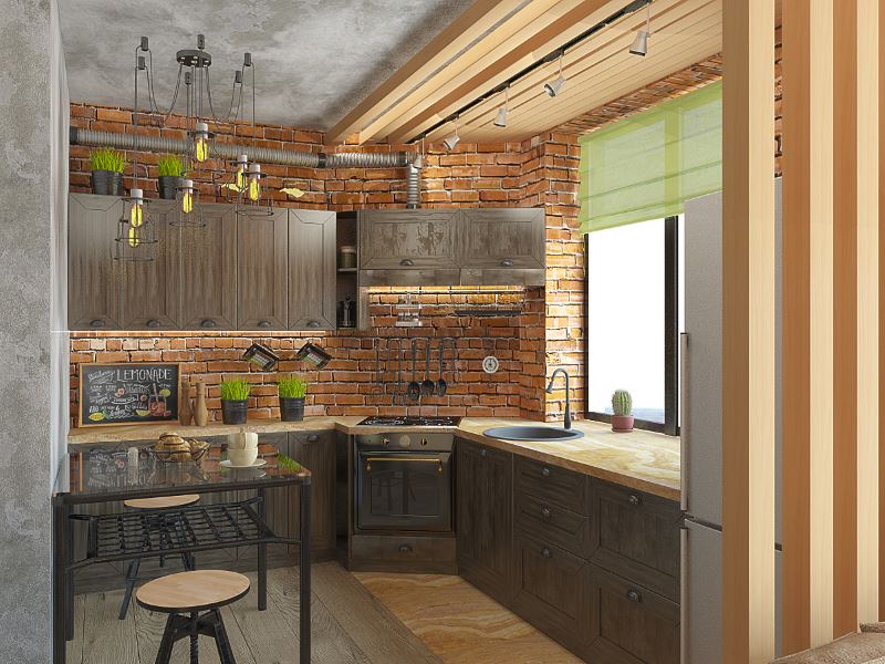 Design della cucina in stile loft con lavandino anziché davanzale