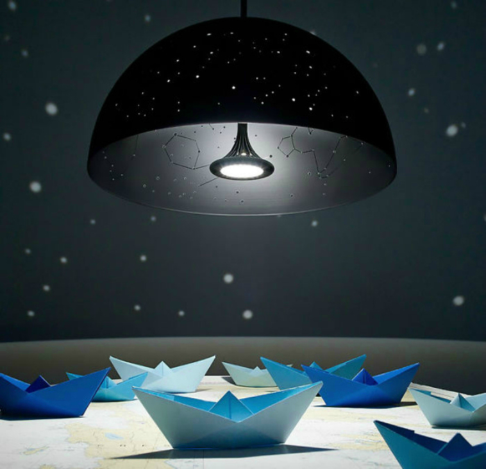 Pendant lamp with holes in the lampshade repeating the map of the starry sky