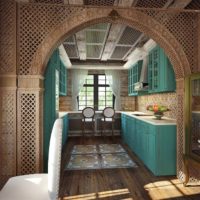 Wooden arch in front of the kitchen of a country house