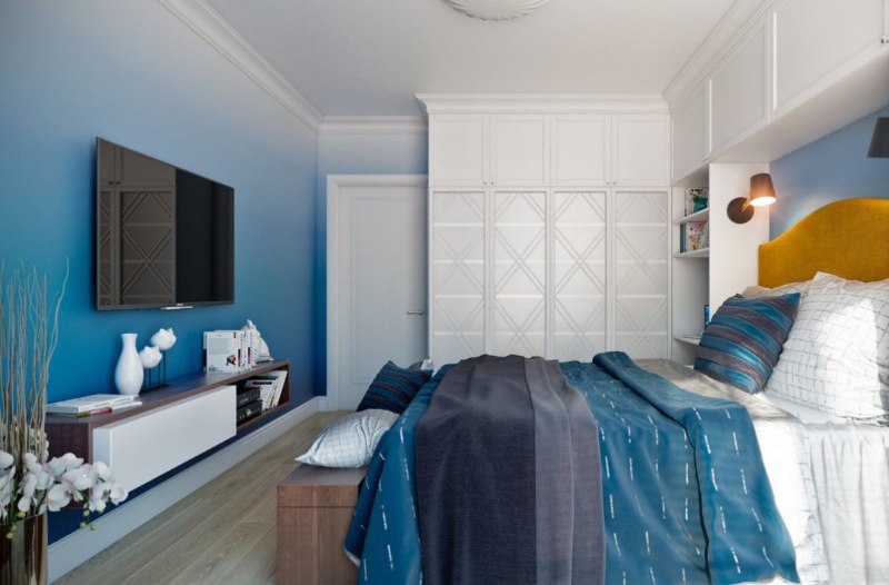 Dizajn spavaće sobe privatne kuće u plavim tonovima