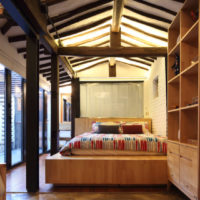 Wooden structures in the bedroom interior