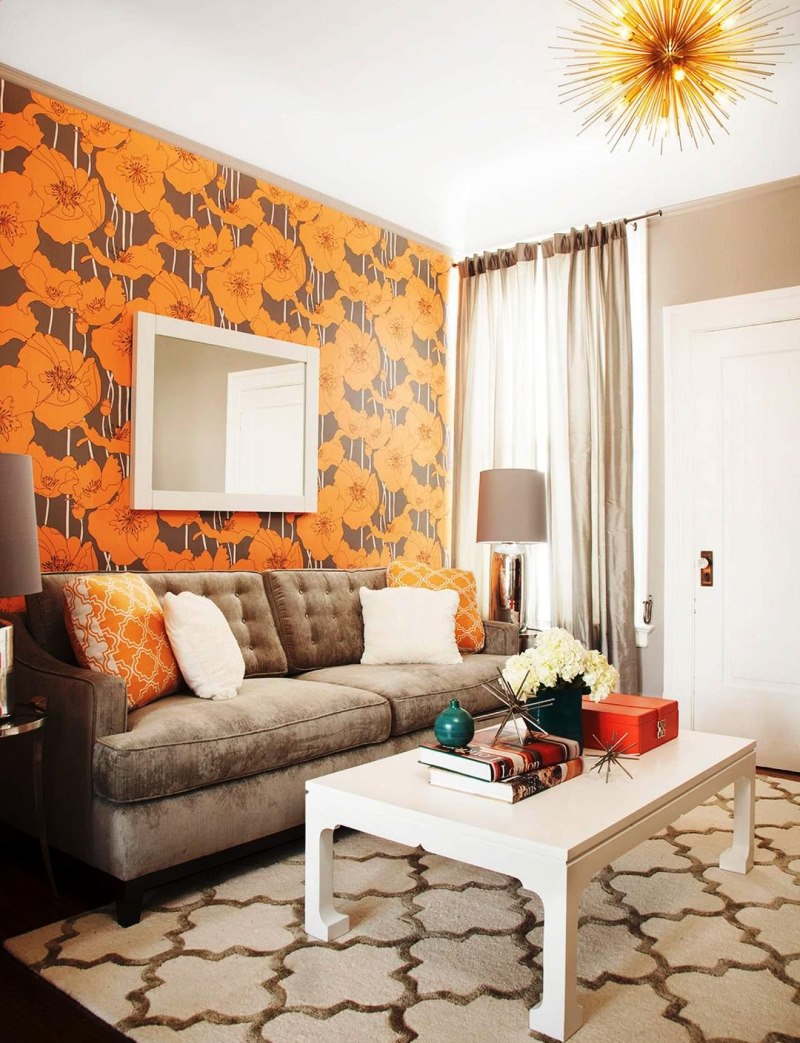 Orange flowers on paper wallpaper in the living room